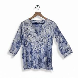 Amaya Blue Embroidered Cotton Top – Size 38 (Fits Like Medium)
